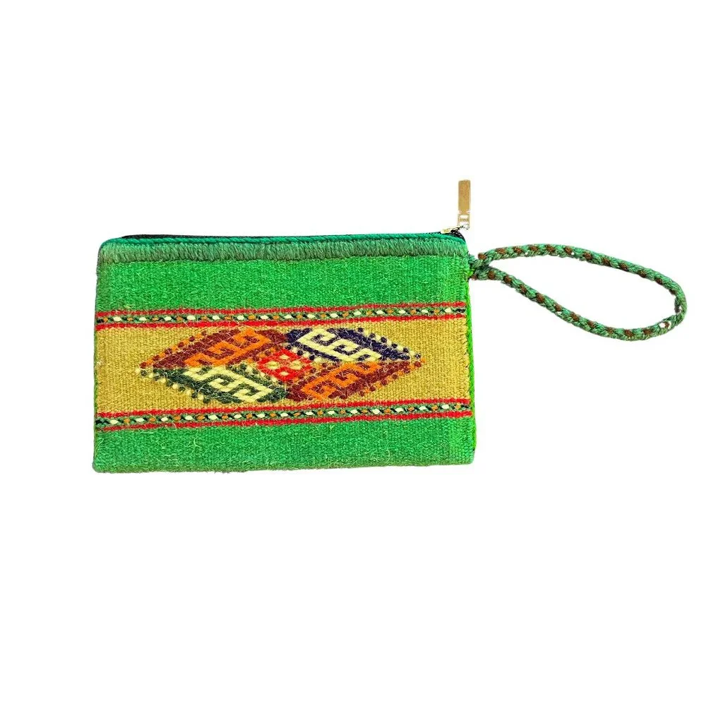 NWOT Turkmen Woven Wool Carpet Clutch Wristlet Purse, Green w/ Multicolor Design